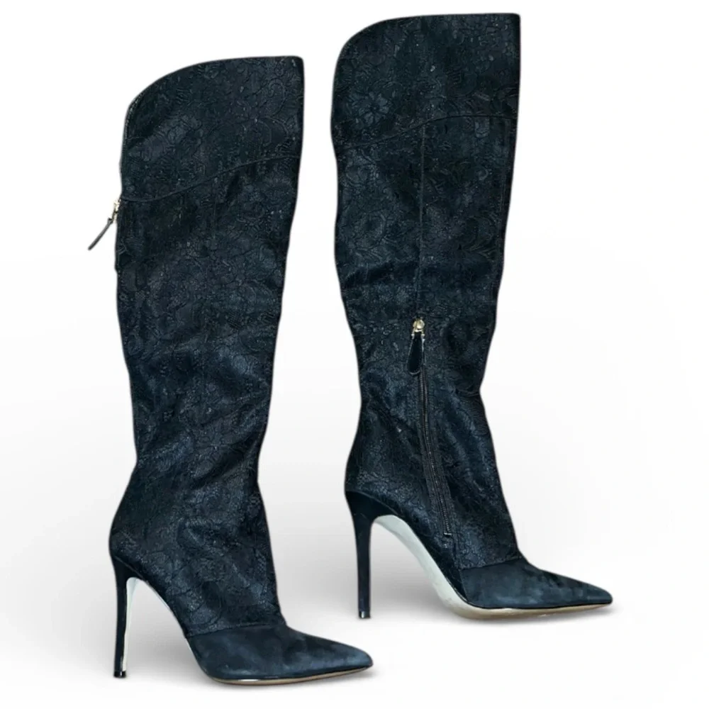 Guess Black Lace Textured Over Knee High Stiletto Heel Zip Up Boots Size 7